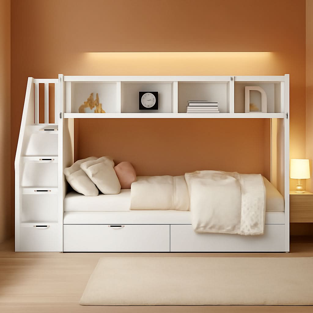 Twin Over Full Bunk Bed With Storage Shelves And Staircase
