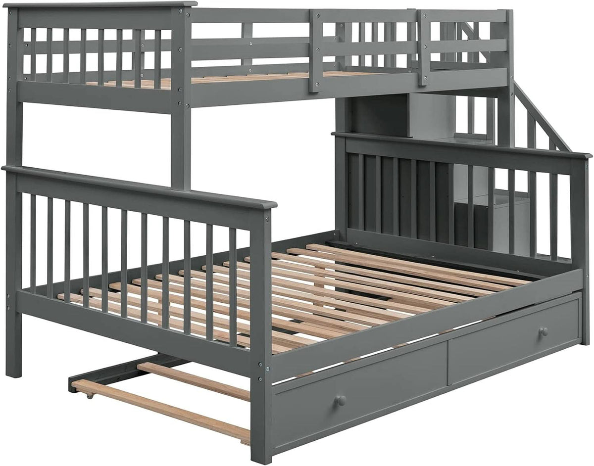 Twin Over Full Bunk Bed With Trundle Storage Shelves Grey