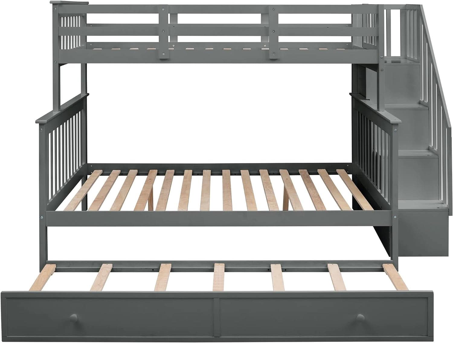 Twin Over Full Bunk Bed With Trundle Storage Shelves Grey