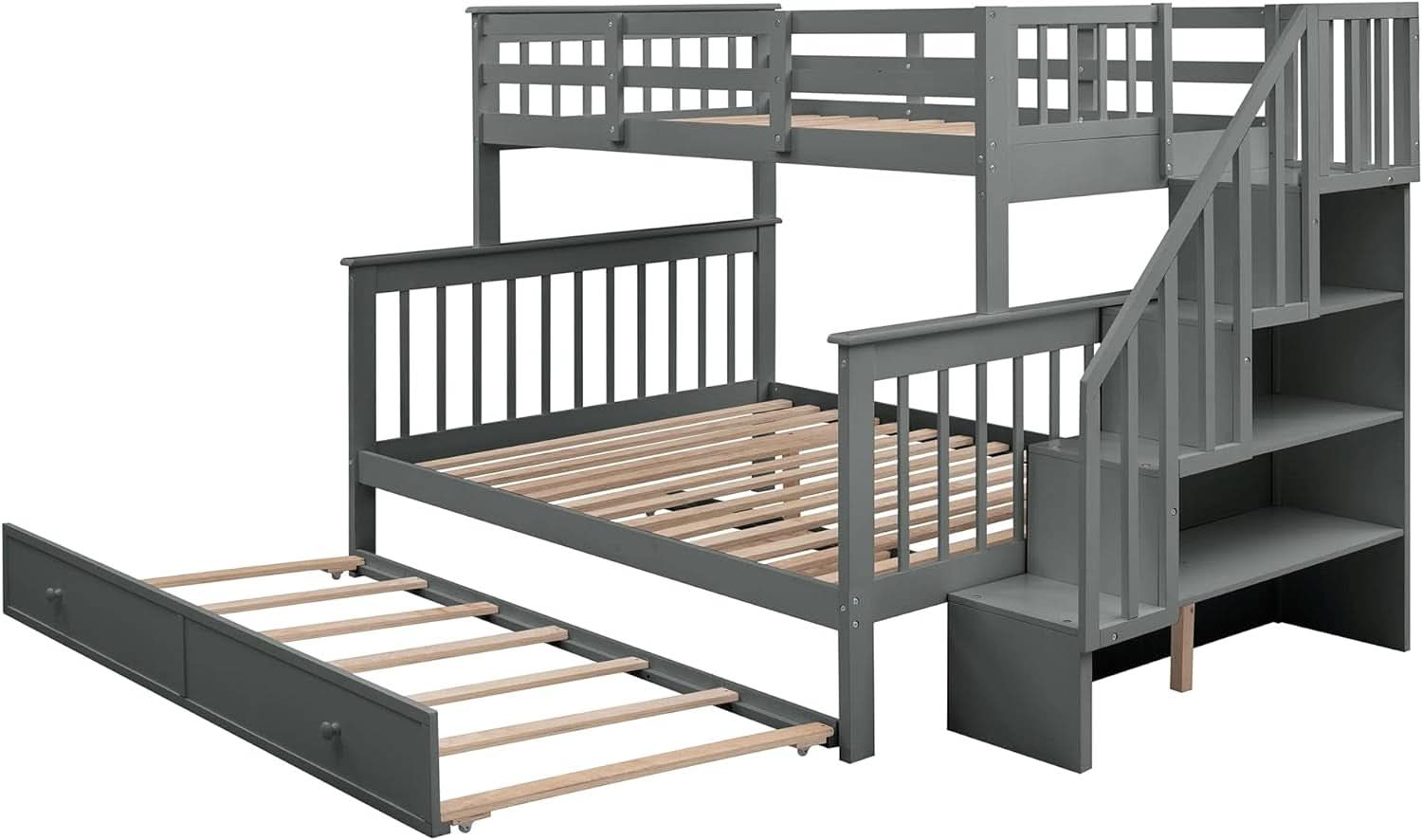 Twin Over Full Bunk Bed With Trundle Storage Shelves Grey