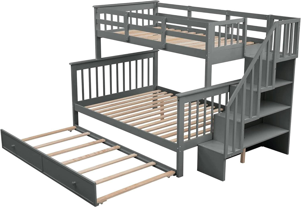 Twin Over Full Bunk Bed With Trundle Storage Shelves Grey