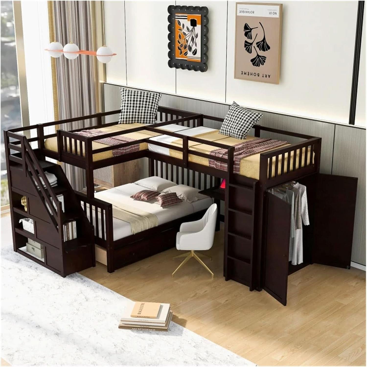 Twin Over Full L Shaped Bunk Bed Desk And Wardrobe Grey