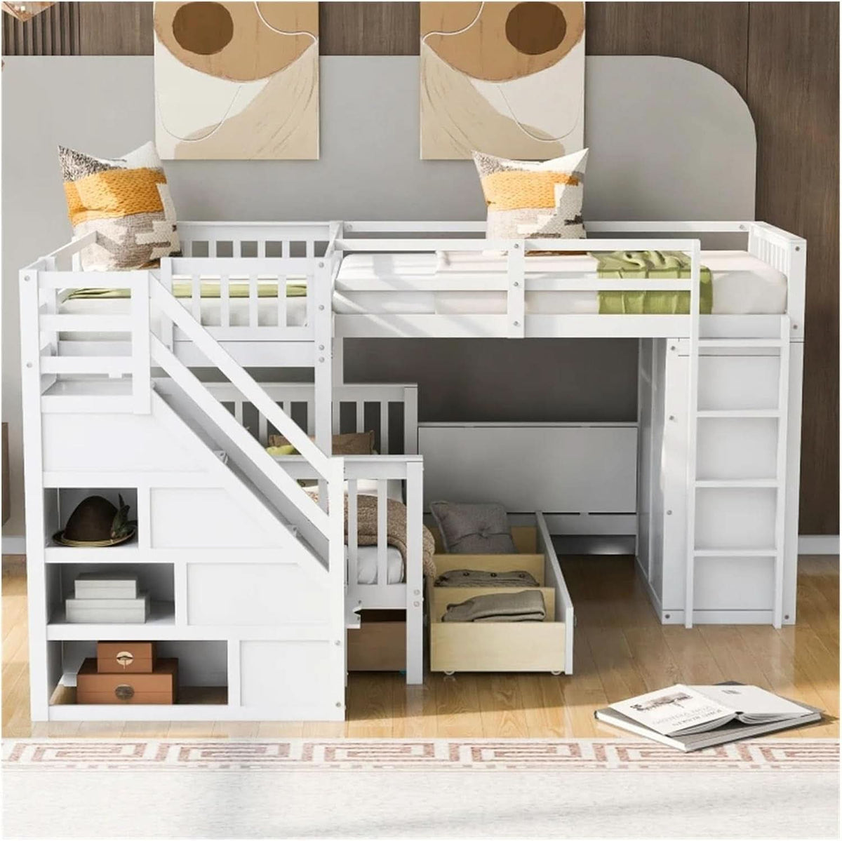 Twin Over Full L Shaped Bunk Bed Desk And Wardrobe Grey