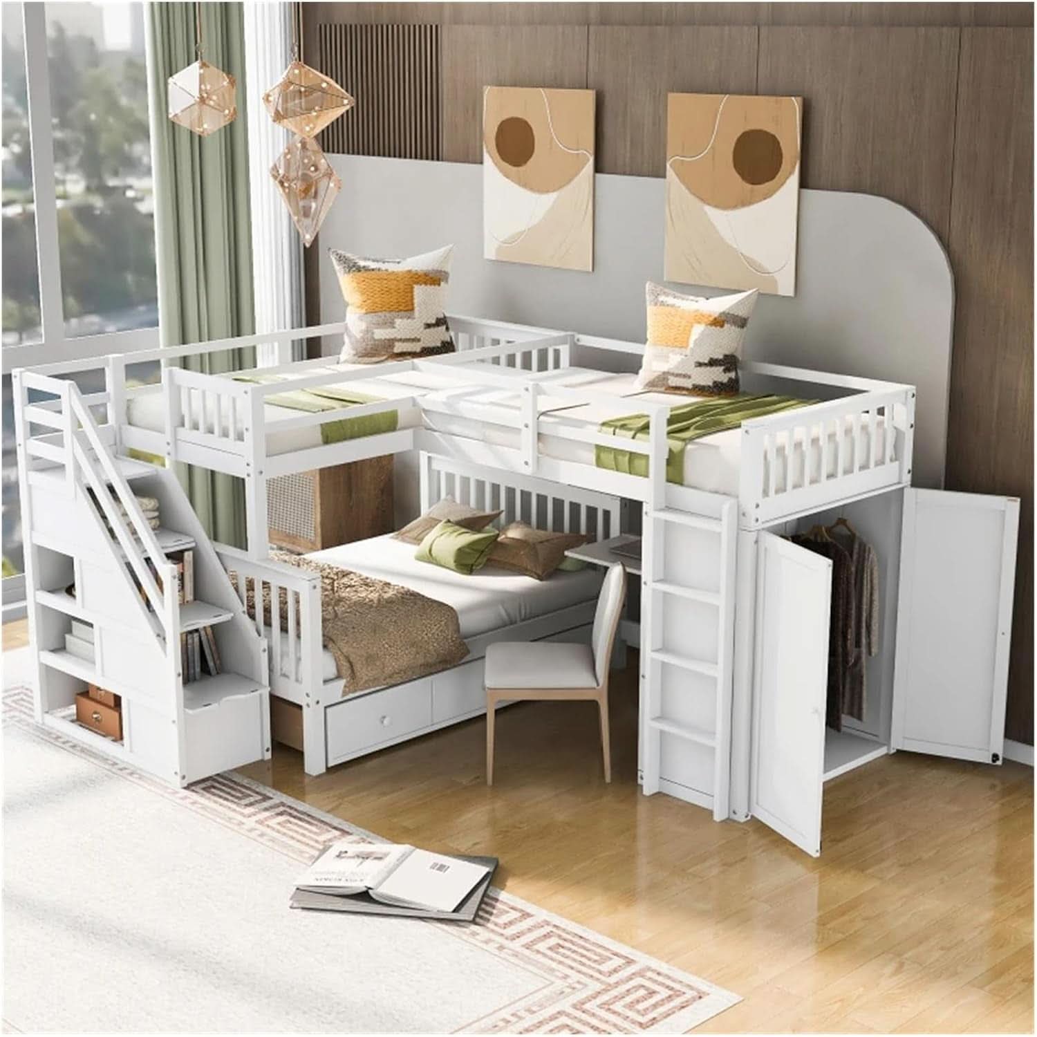 Twin Over Full L Shaped Bunk Bed Desk And Wardrobe Grey