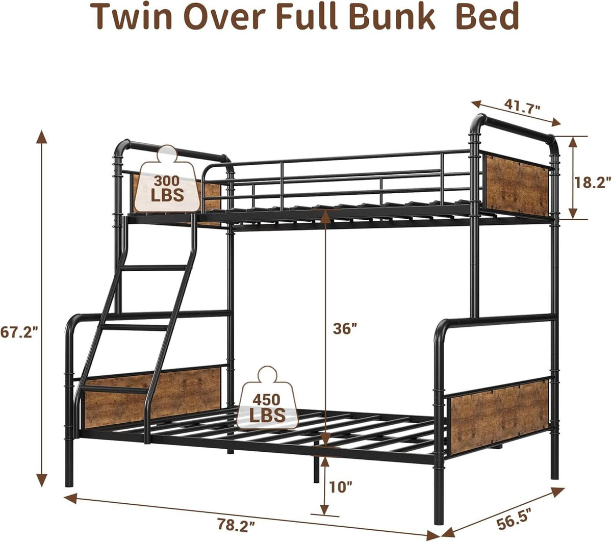 Twin Over Full Metal Bunk Bed Vintage Brown Space Saving