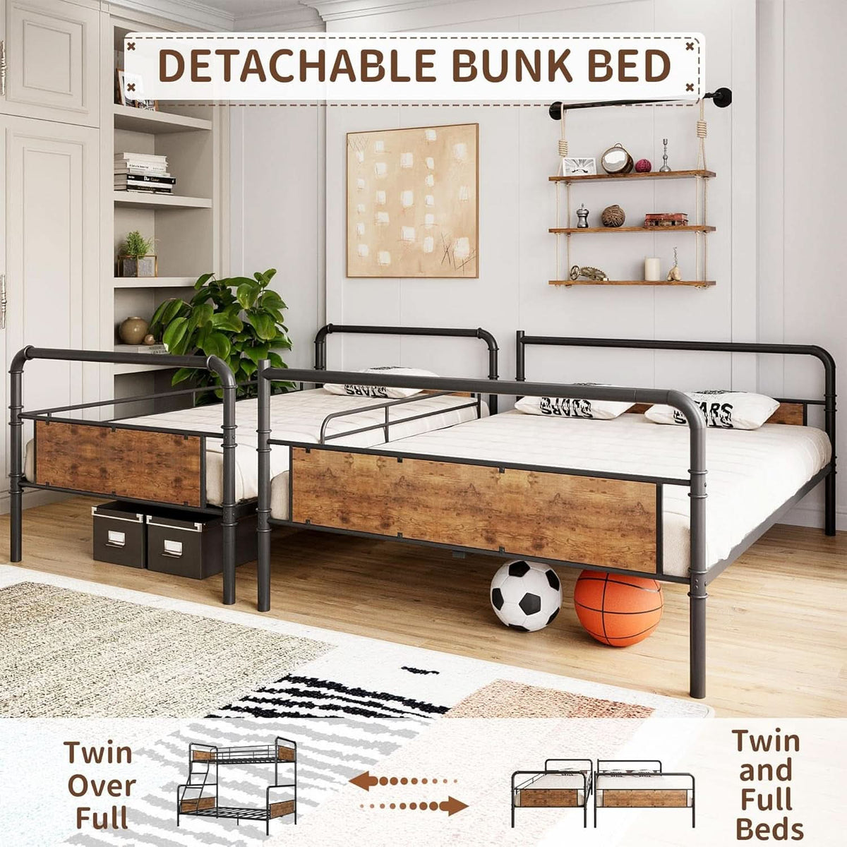 Twin Over Full Metal Bunk Bed Vintage Brown Space Saving