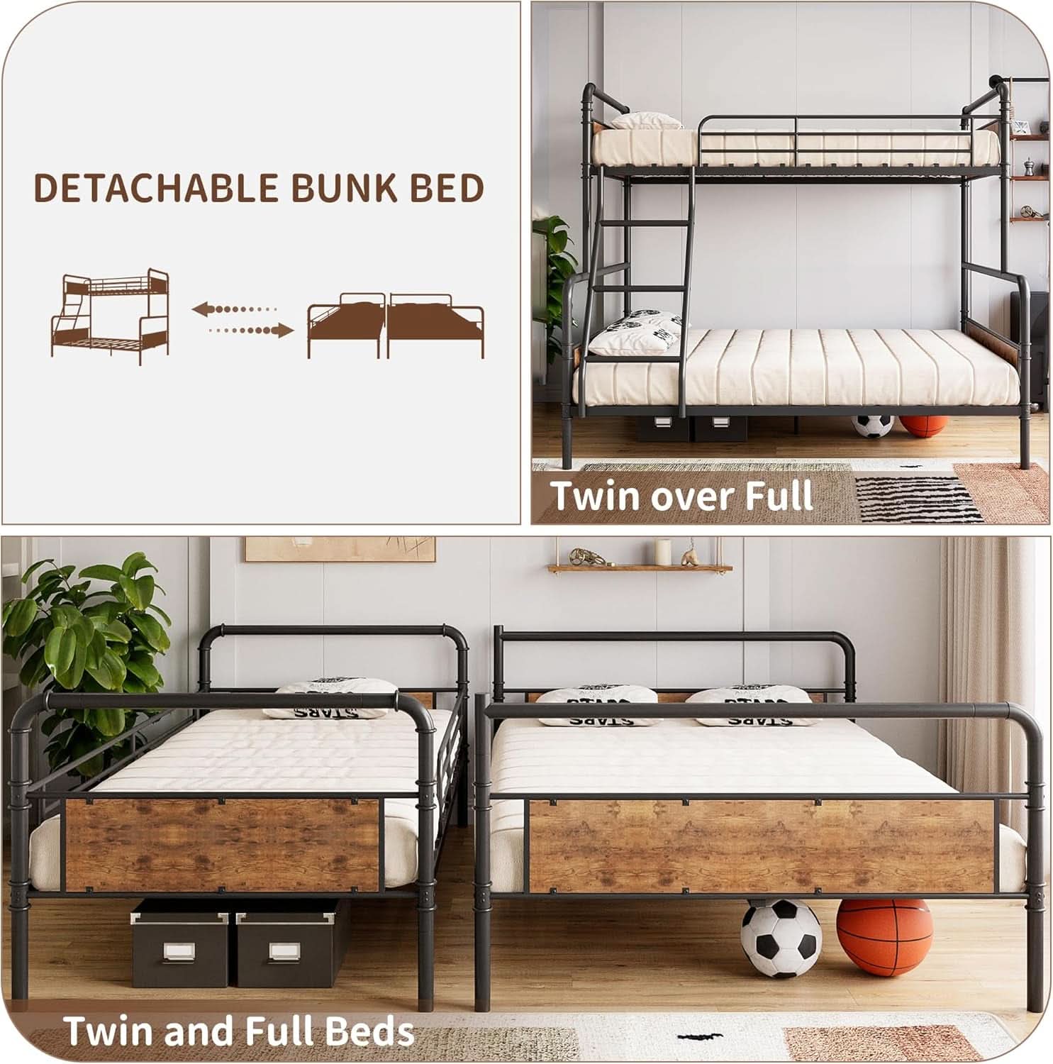 Twin Over Full Metal Bunk Bed Vintage Brown Space Saving