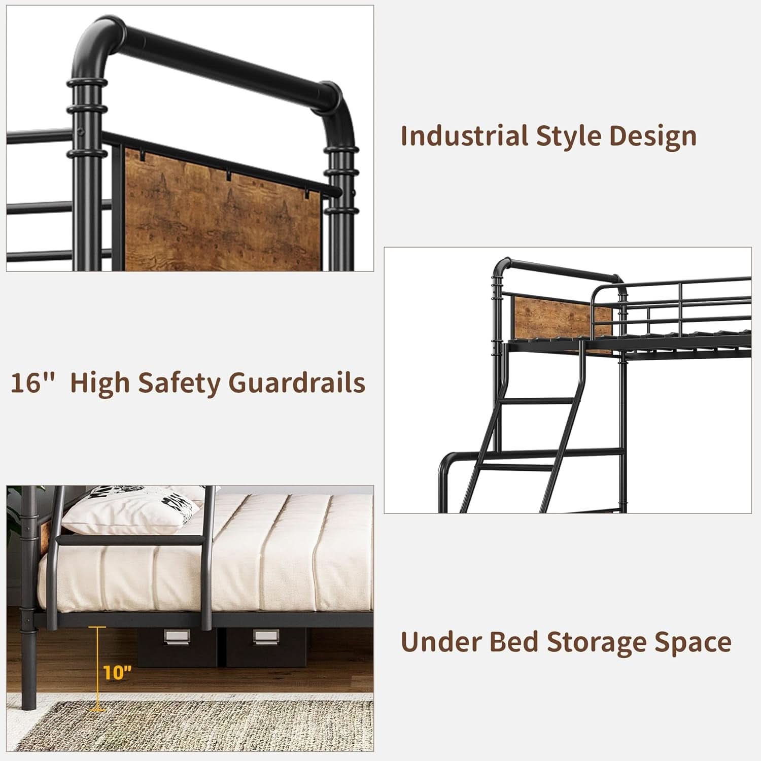 Twin Over Full Metal Bunk Bed Vintage Brown Space Saving