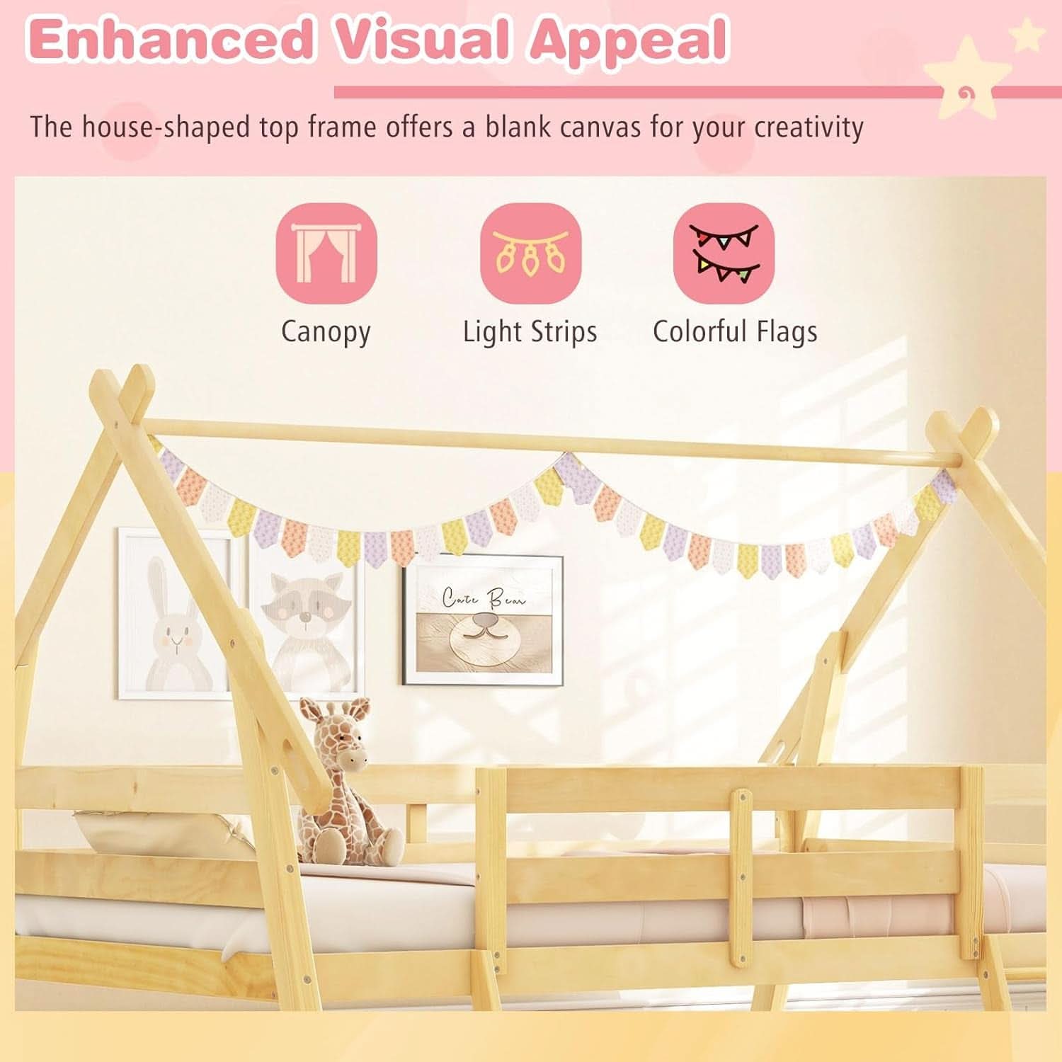Twin Over Queen Bunk Bed With Climbing Nets Ramp Natural