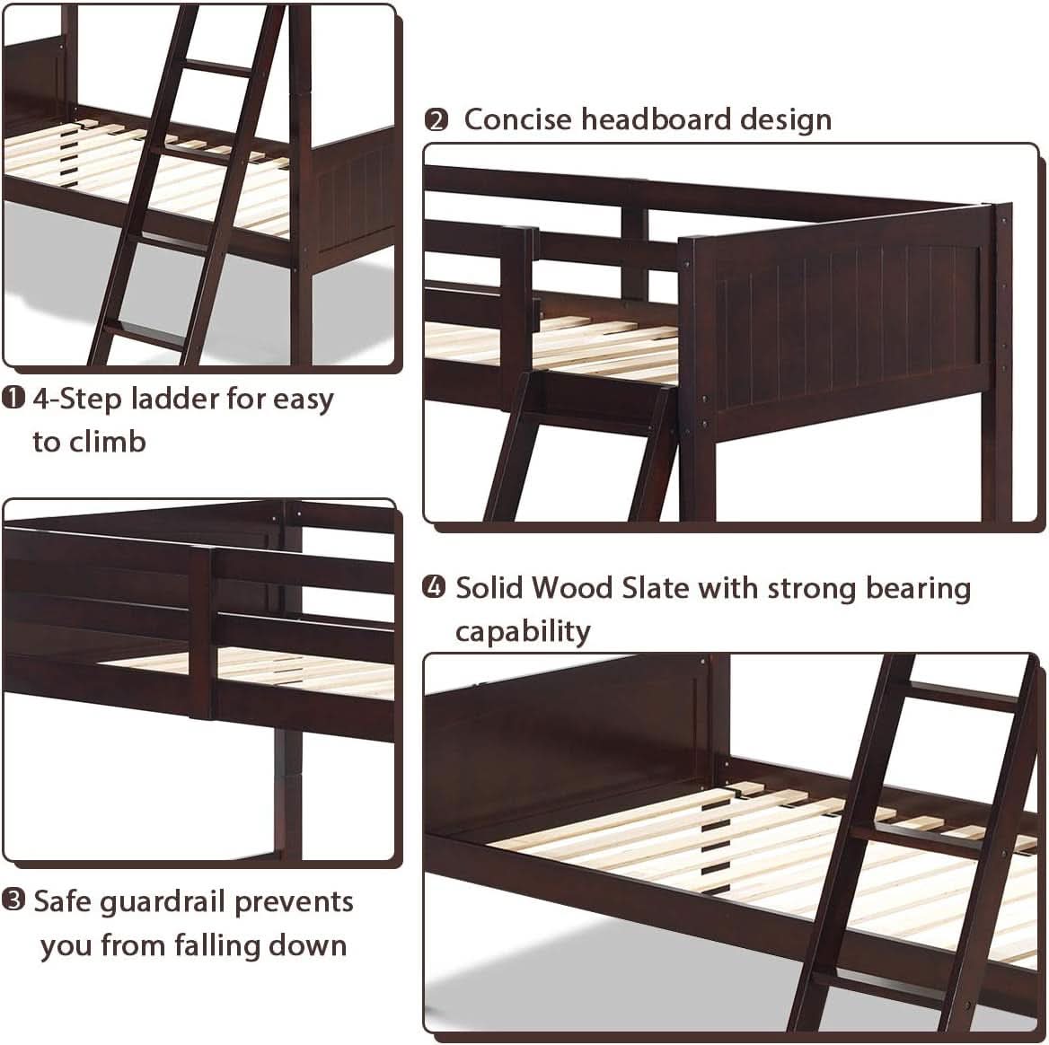 Twin Over Twin Bunk Bed Espresso With Safety Rails