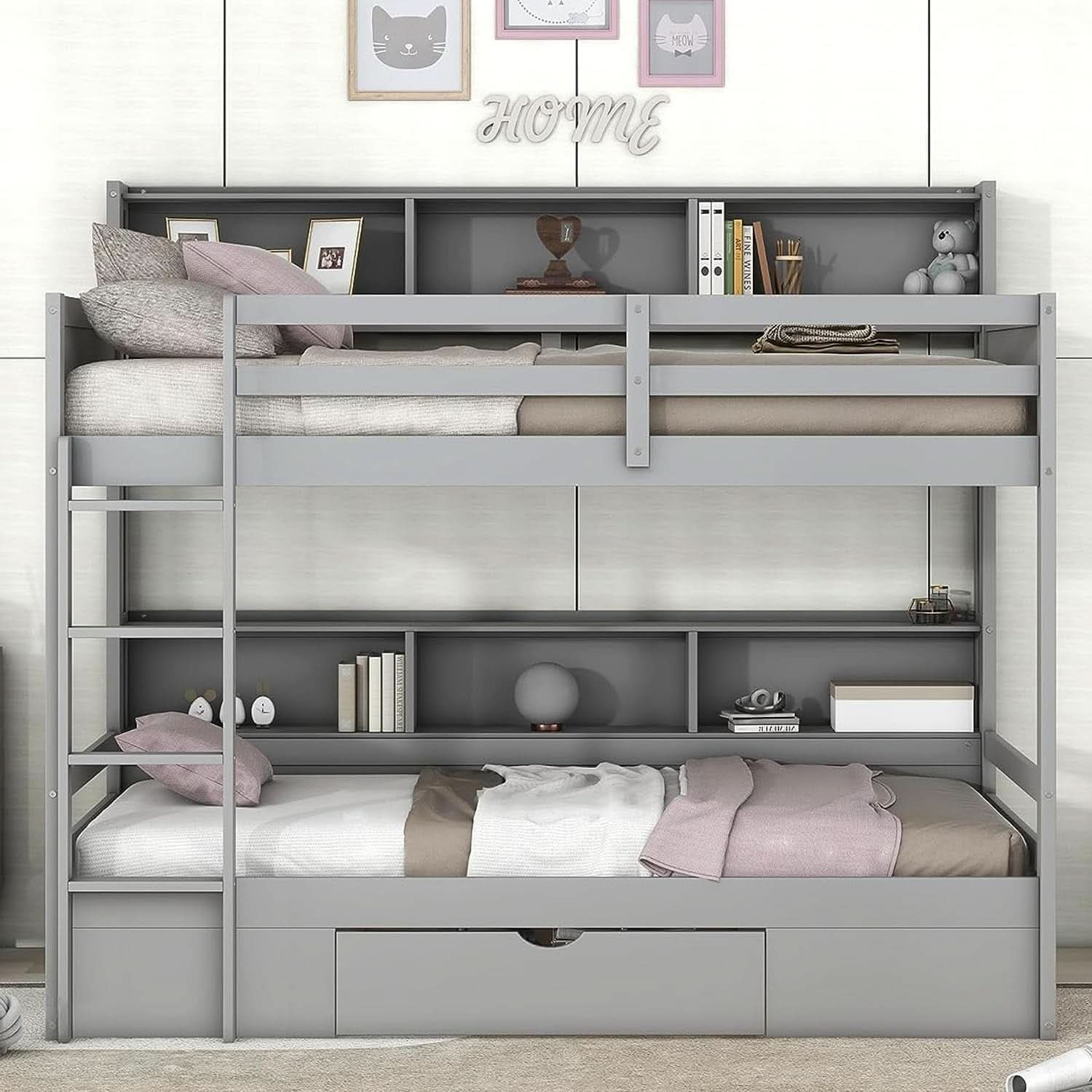 Twin Over Twin Bunk Bed Gray Storage Drawer And Shelves