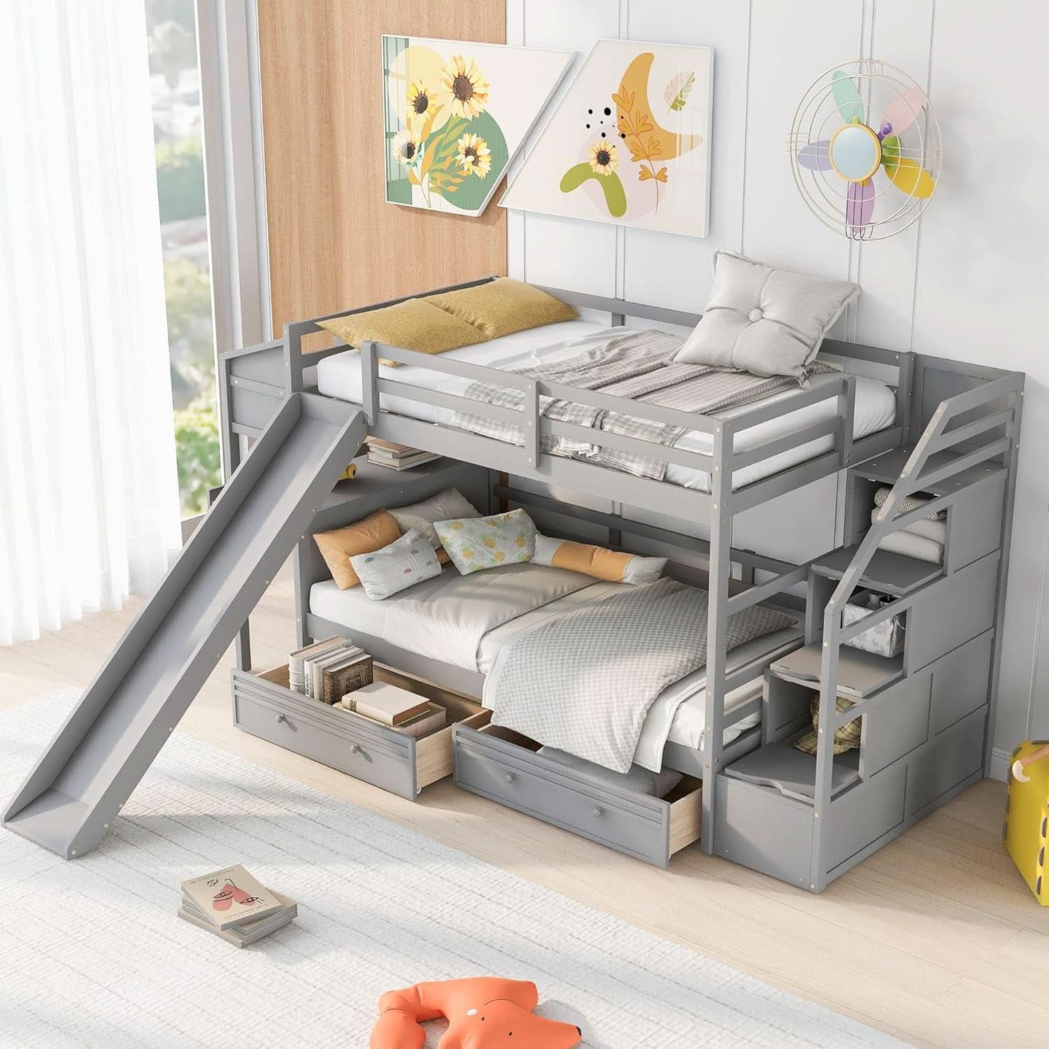 Twin Over Twin Bunk Bed Gray With Stairs For Kids Teens
