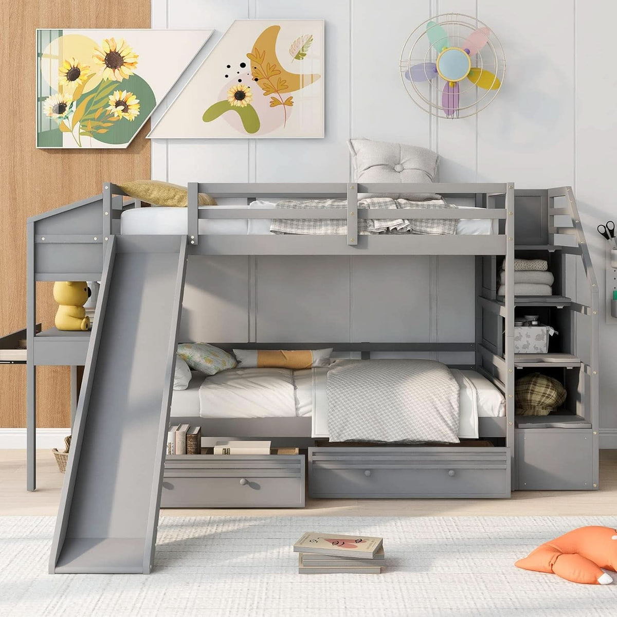Twin Over Twin Bunk Bed Gray With Stairs For Kids Teens