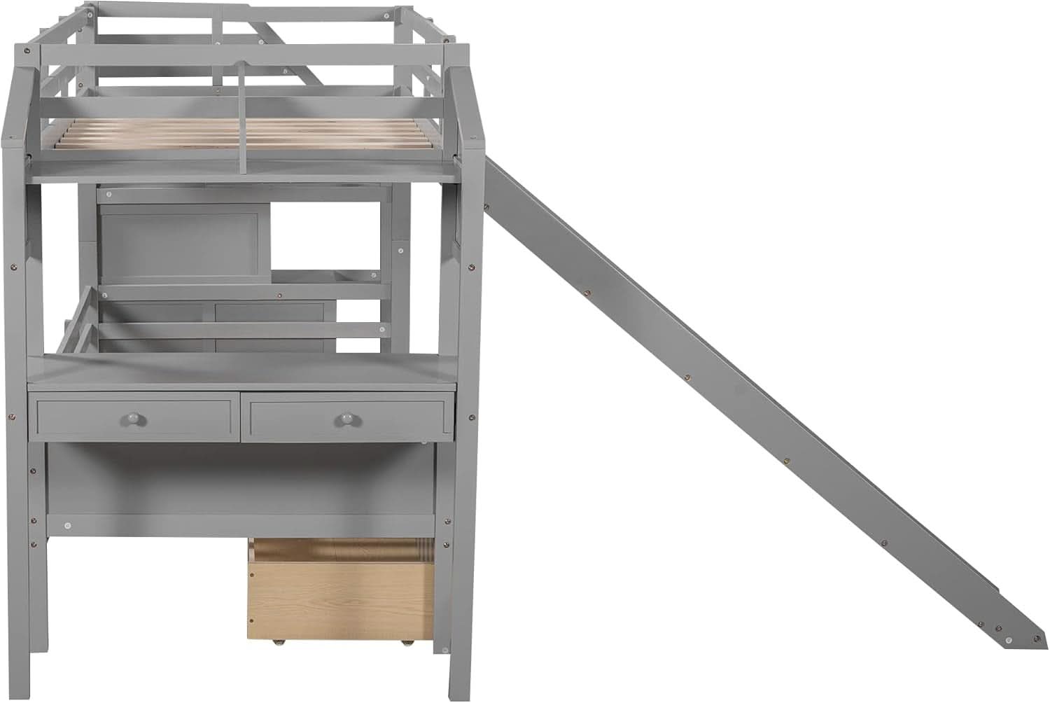 Twin Over Twin Bunk Bed Gray With Stairs For Kids Teens