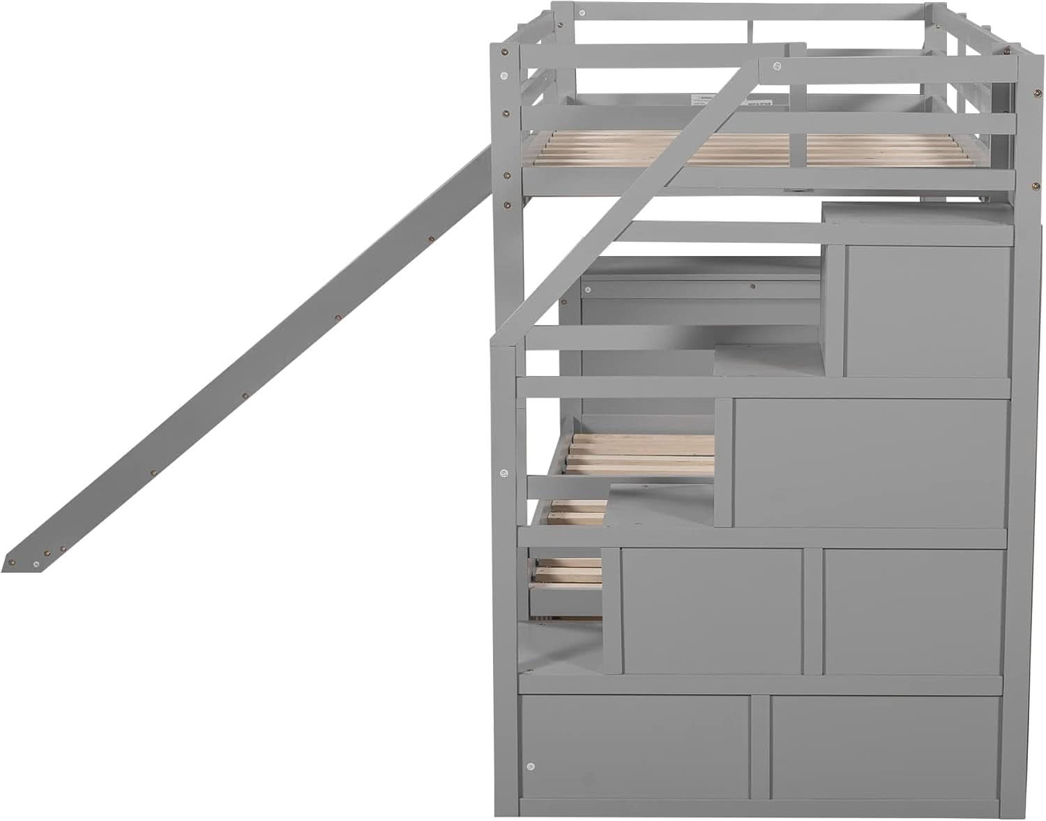 Twin Over Twin Bunk Bed Gray With Stairs For Kids Teens