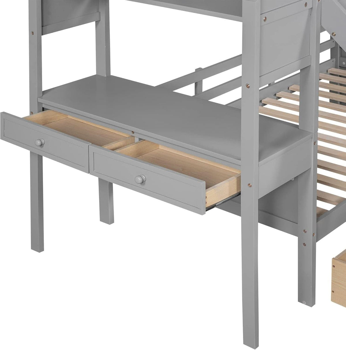 Twin Over Twin Bunk Bed Gray With Stairs For Kids Teens