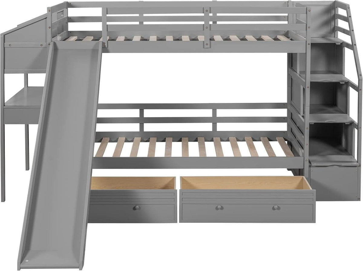 Twin Over Twin Bunk Bed Gray With Stairs For Kids Teens
