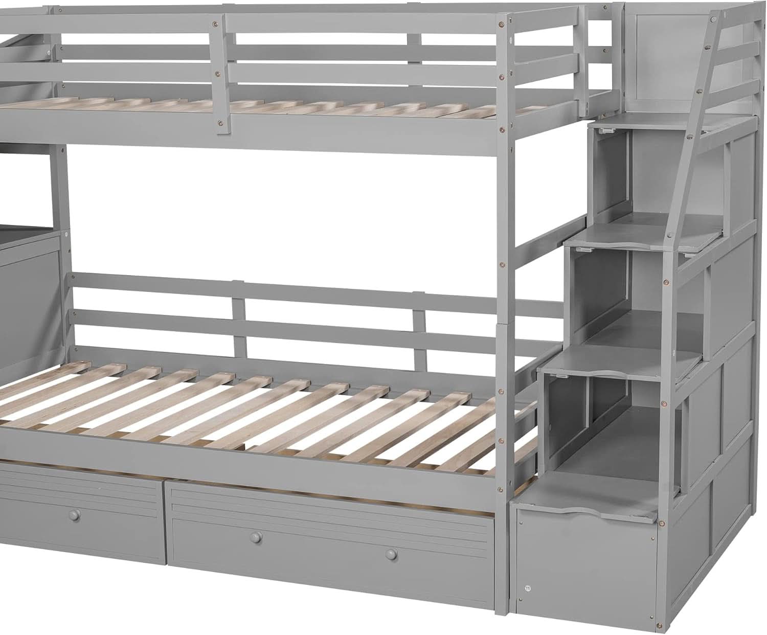 Twin Over Twin Bunk Bed Gray With Stairs For Kids Teens