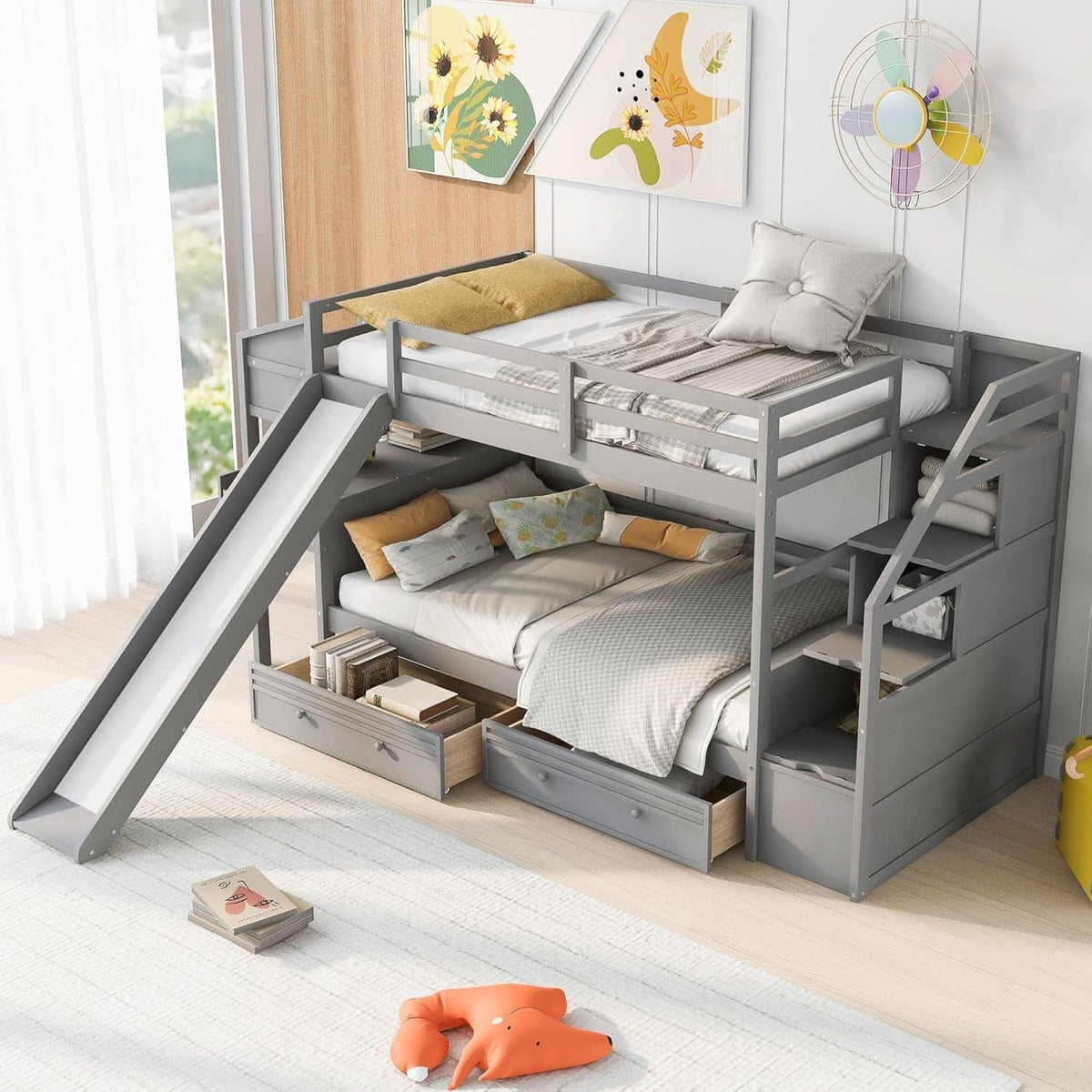 Twin Over Twin Bunk Bed With 4 Drawers Gray For Kids Rooms