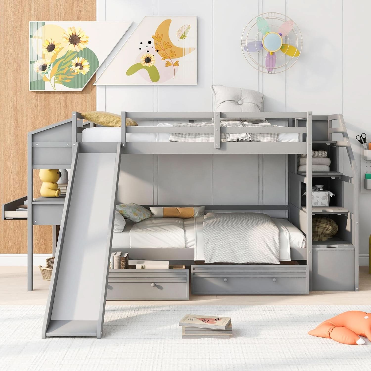 Twin Over Twin Bunk Bed With 4 Drawers Gray For Kids Rooms