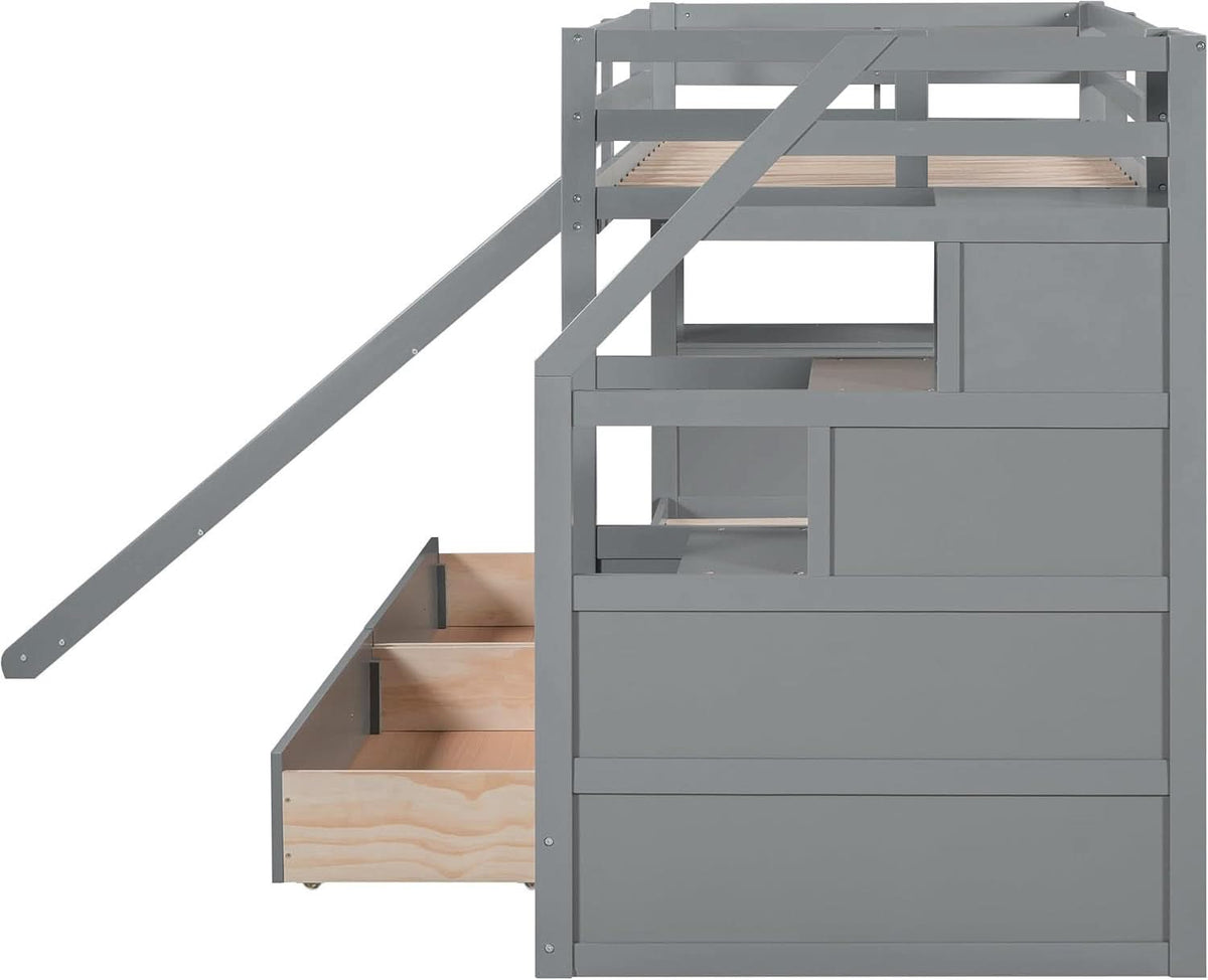 Twin Over Twin Bunk Bed With 4 Drawers Gray For Kids Rooms