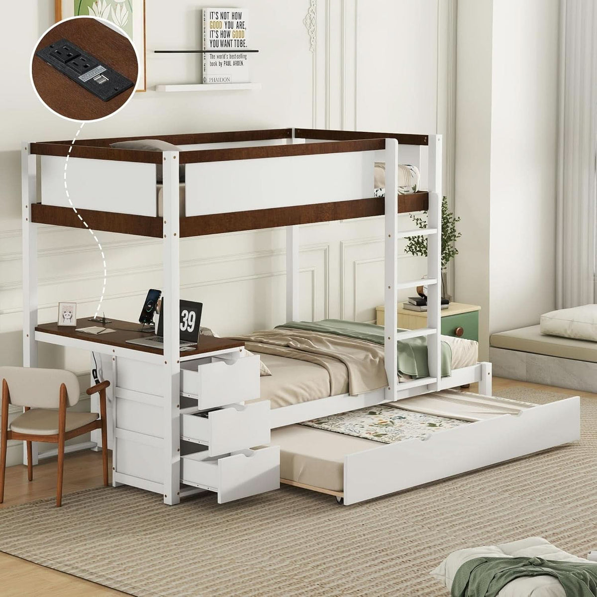 Twin Over Twin Bunk Bed With Desk USB Ports White Walnut