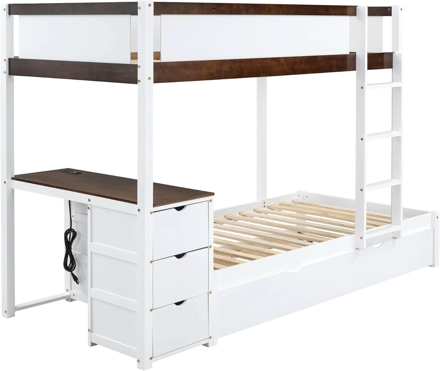 Twin Over Twin Bunk Bed With Desk USB Ports White Walnut