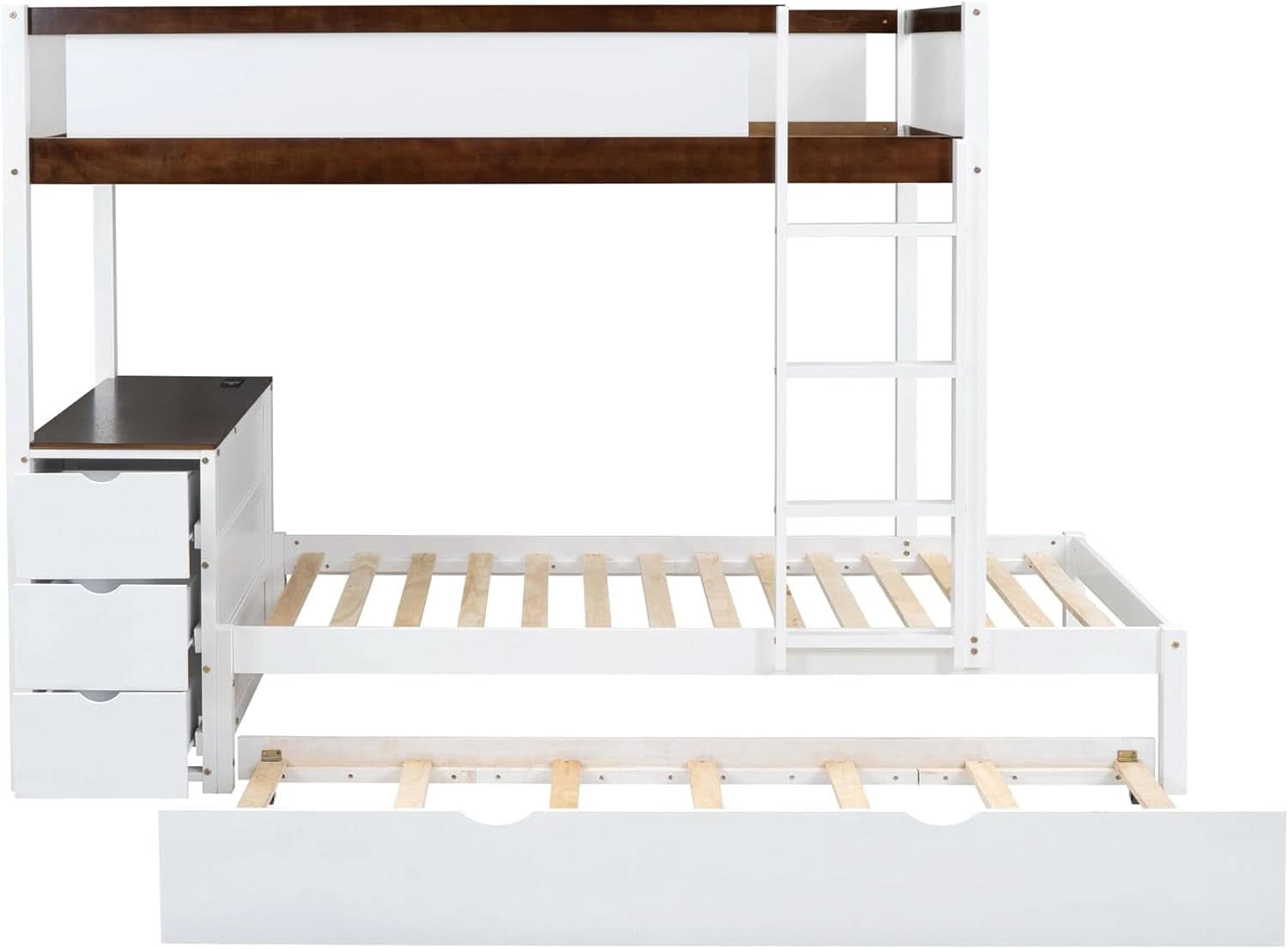 Twin Over Twin Bunk Bed With Desk USB Ports White Walnut