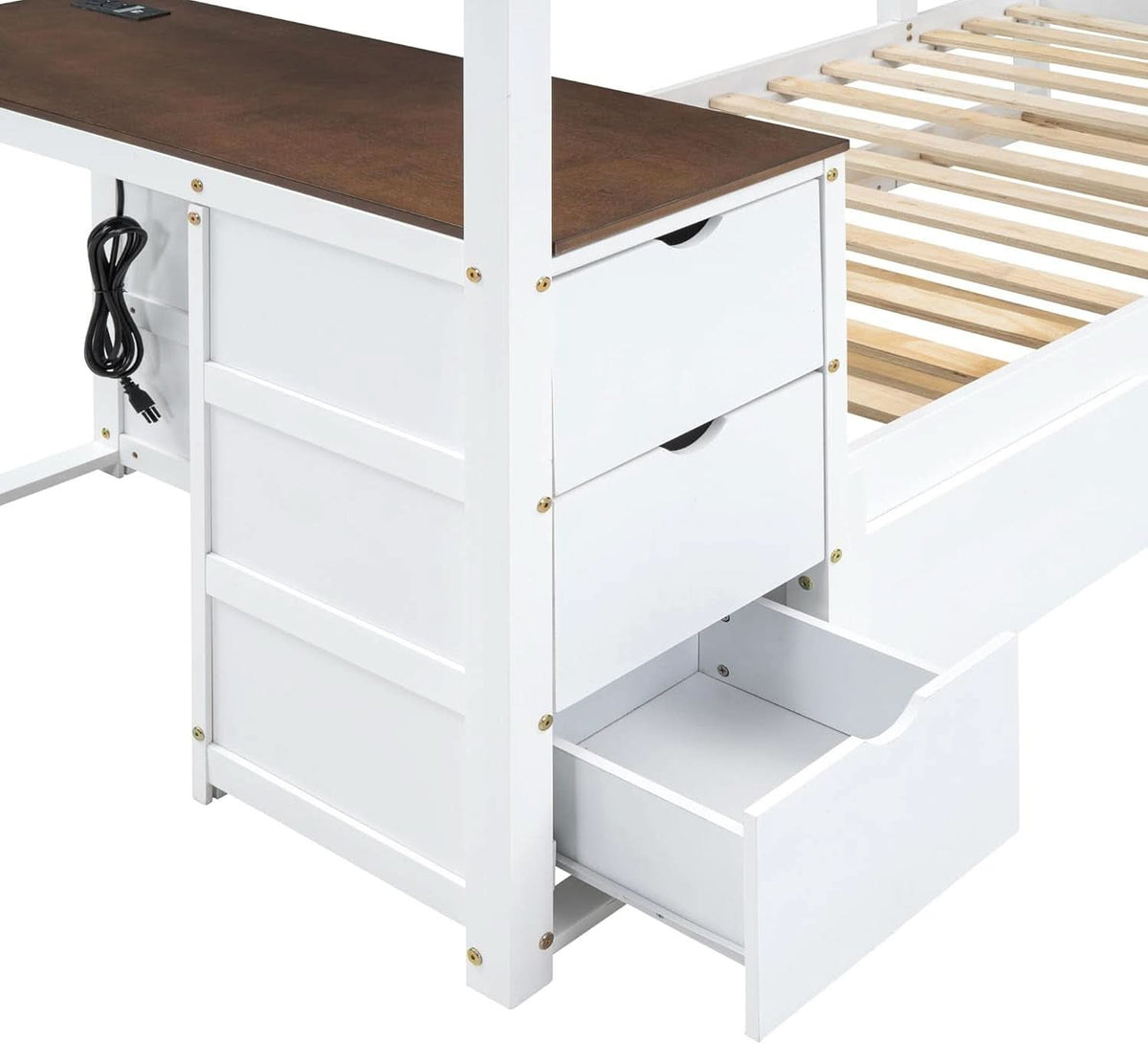 Twin Over Twin Bunk Bed With Desk USB Ports White Walnut