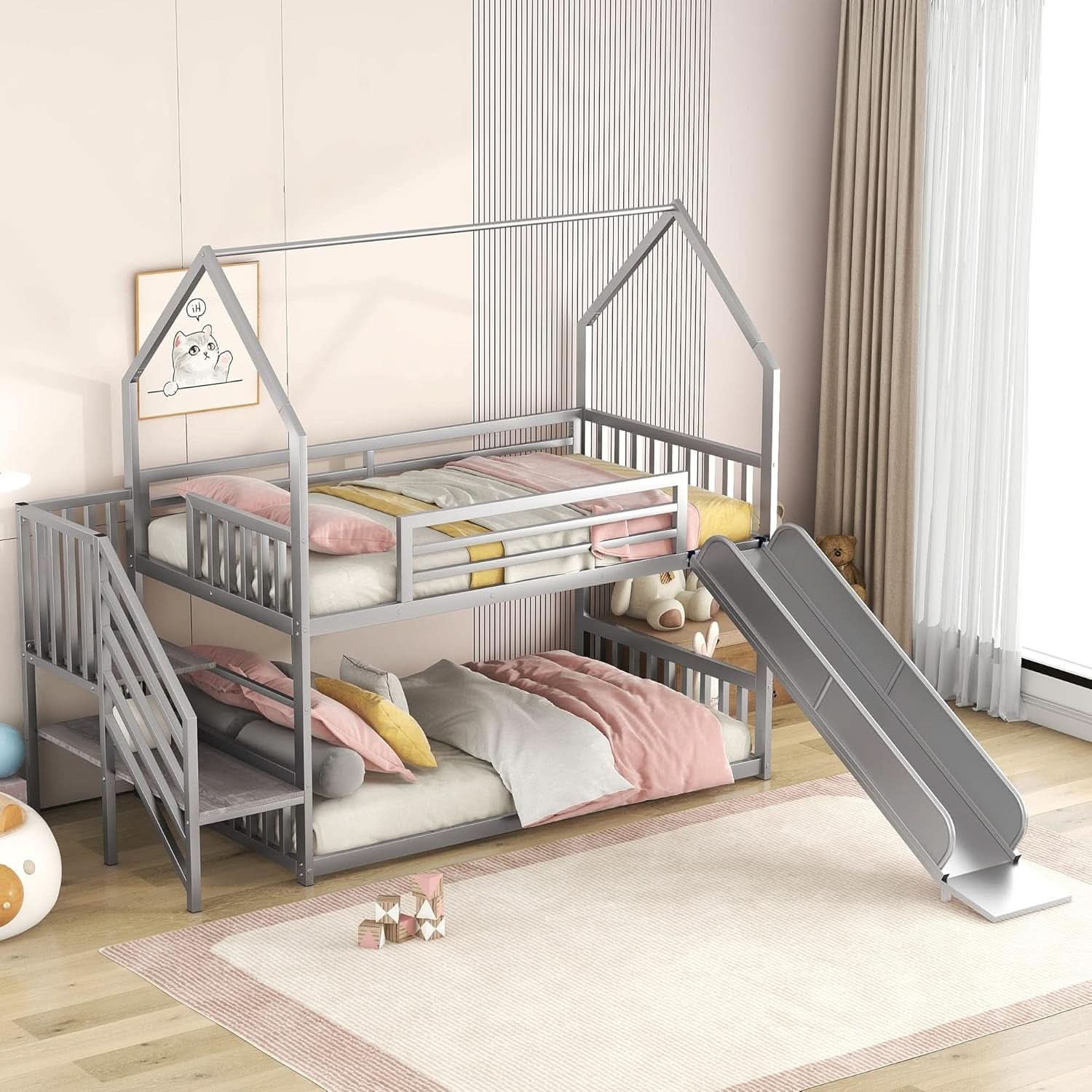 Twin Over Twin Bunk Bed With Slide And Storage Stairs