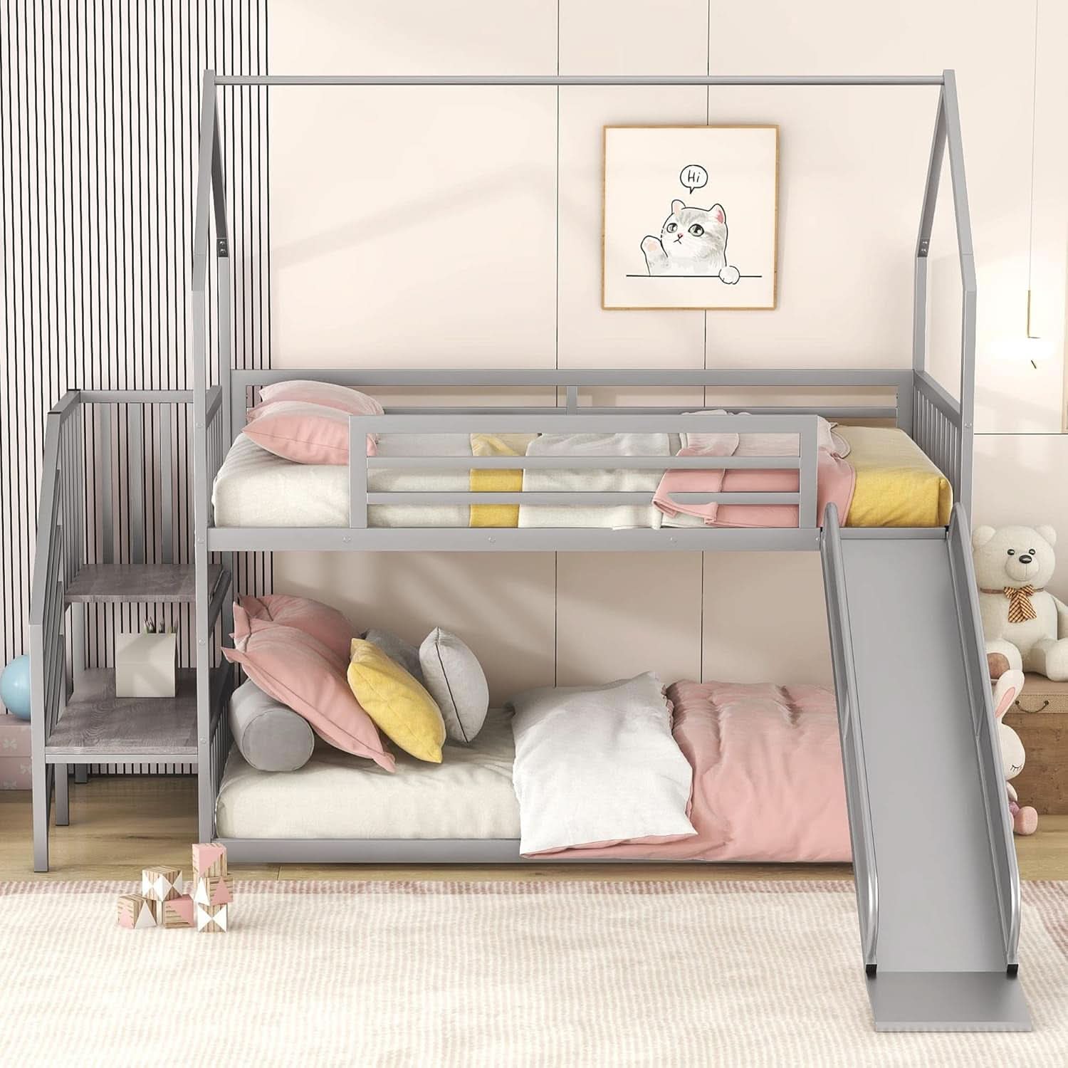 Twin Over Twin Bunk Bed With Slide And Storage Stairs