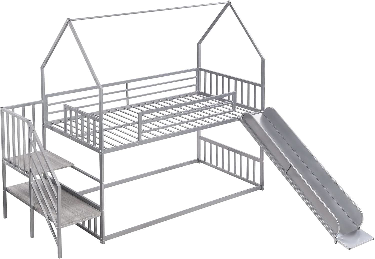 Twin Over Twin Bunk Bed With Slide And Storage Stairs