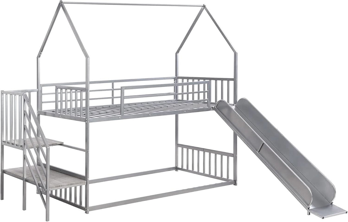 Twin Over Twin Bunk Bed With Slide And Storage Stairs