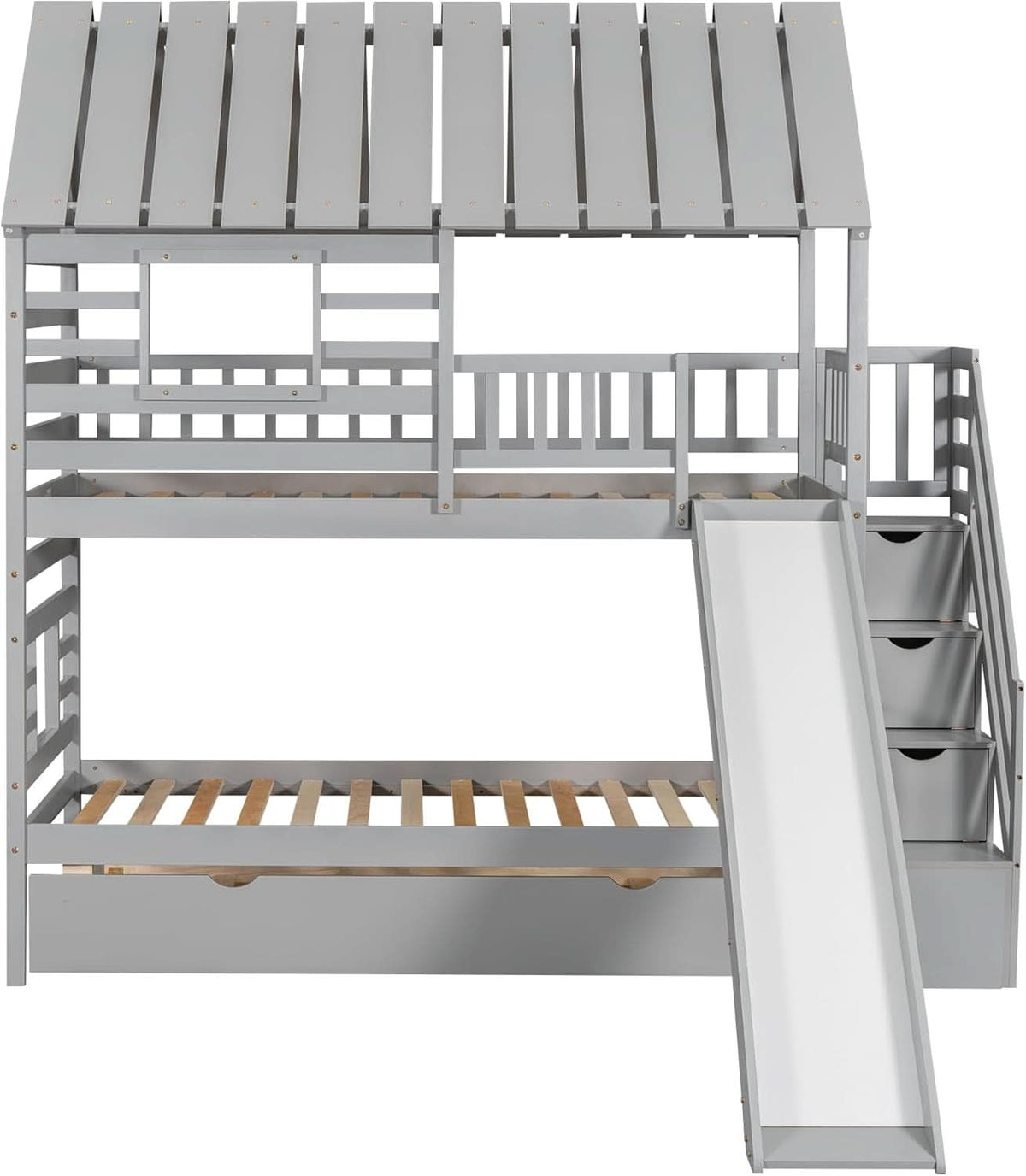 Twin Over Twin Bunk Bed With Slide For Kids Room Decor
