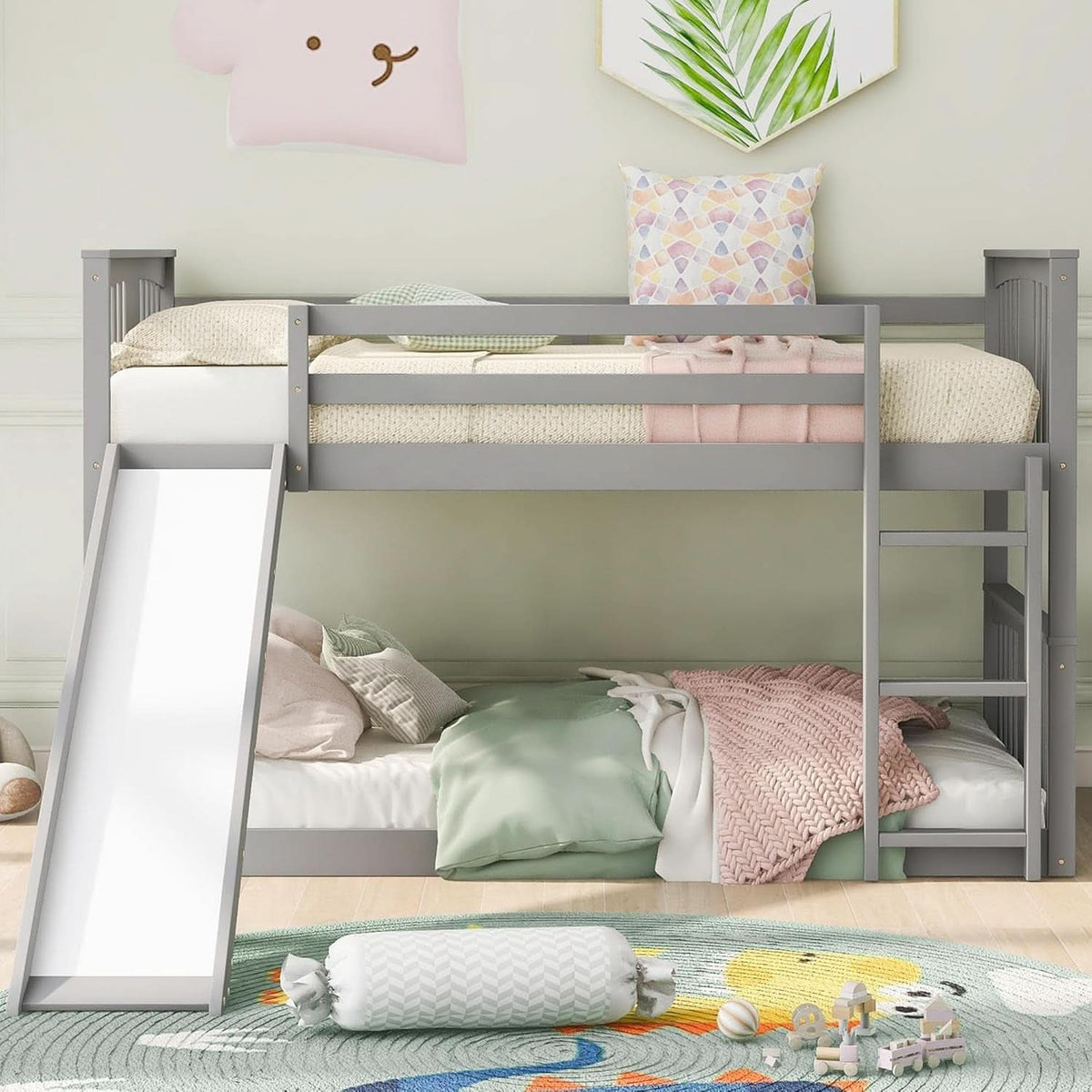 Twin Over Twin Bunk Bed With Slide In Gray For Kids