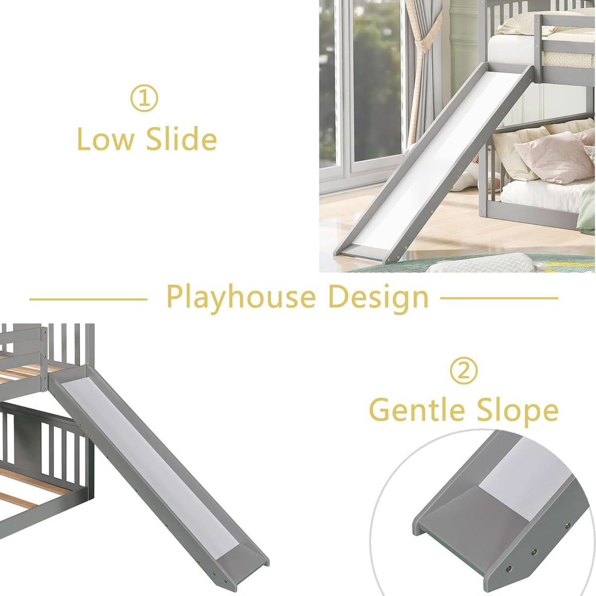 Twin Over Twin Bunk Bed With Slide In Gray For Kids