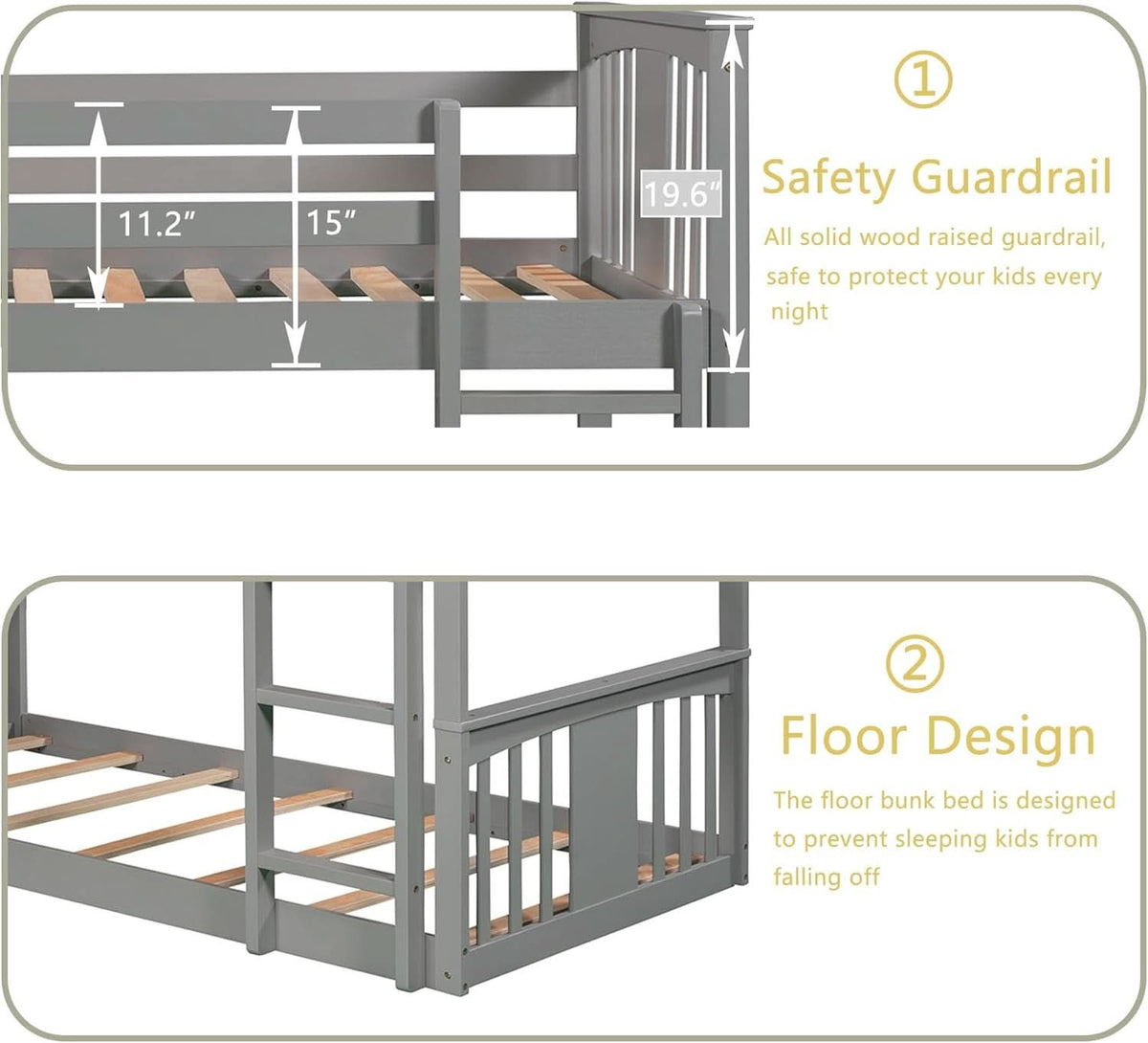 Twin Over Twin Bunk Bed With Slide In Gray For Kids