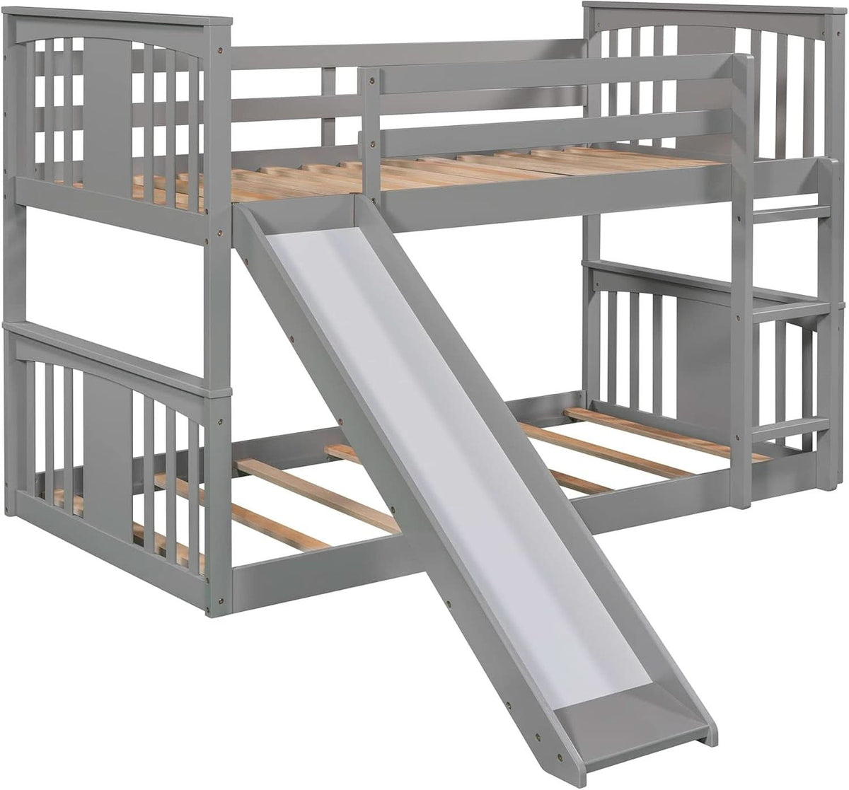 Twin Over Twin Bunk Bed With Slide In Gray For Kids
