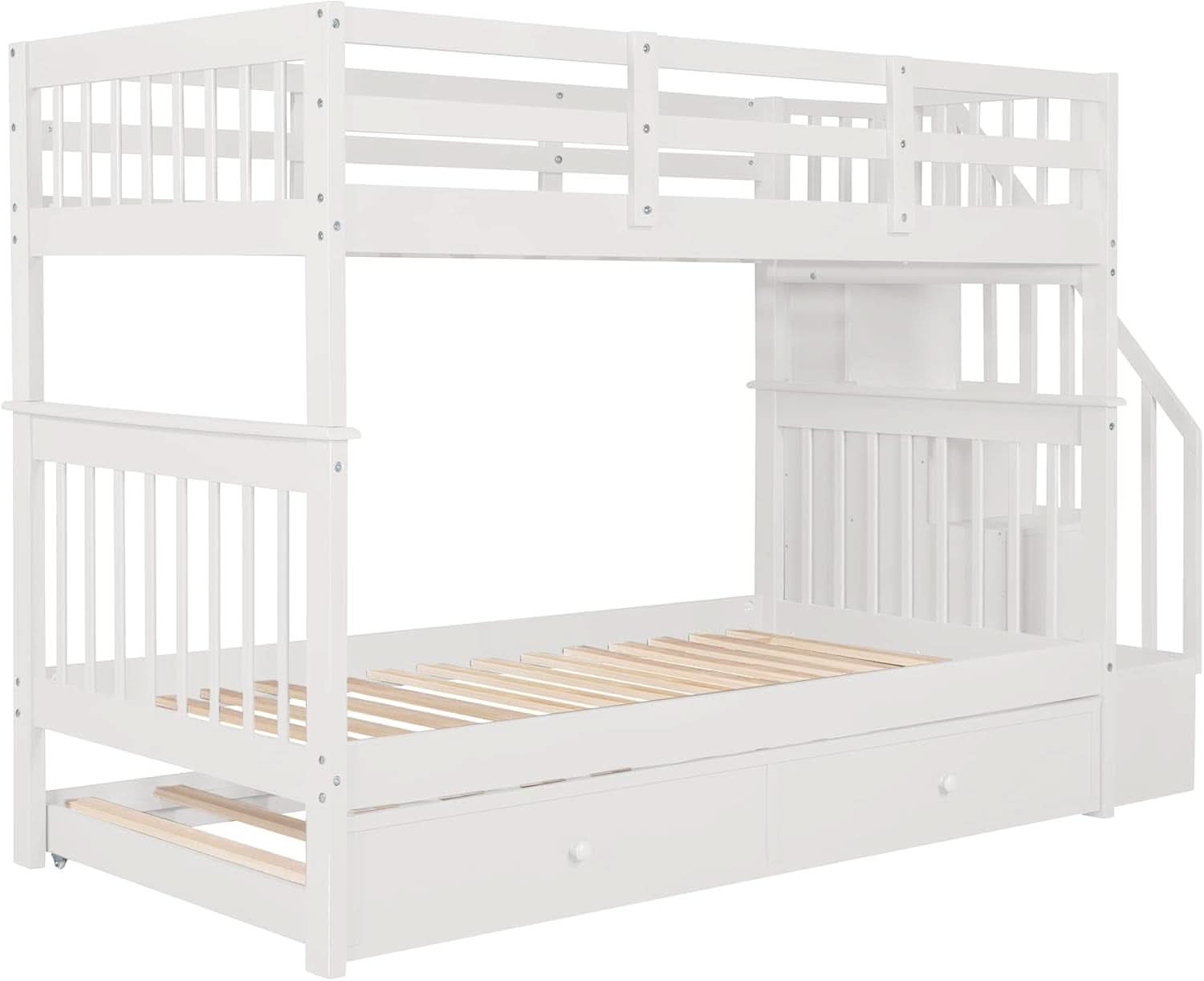 Twin Over Twin Bunk Bed With Stairs And Trundle White