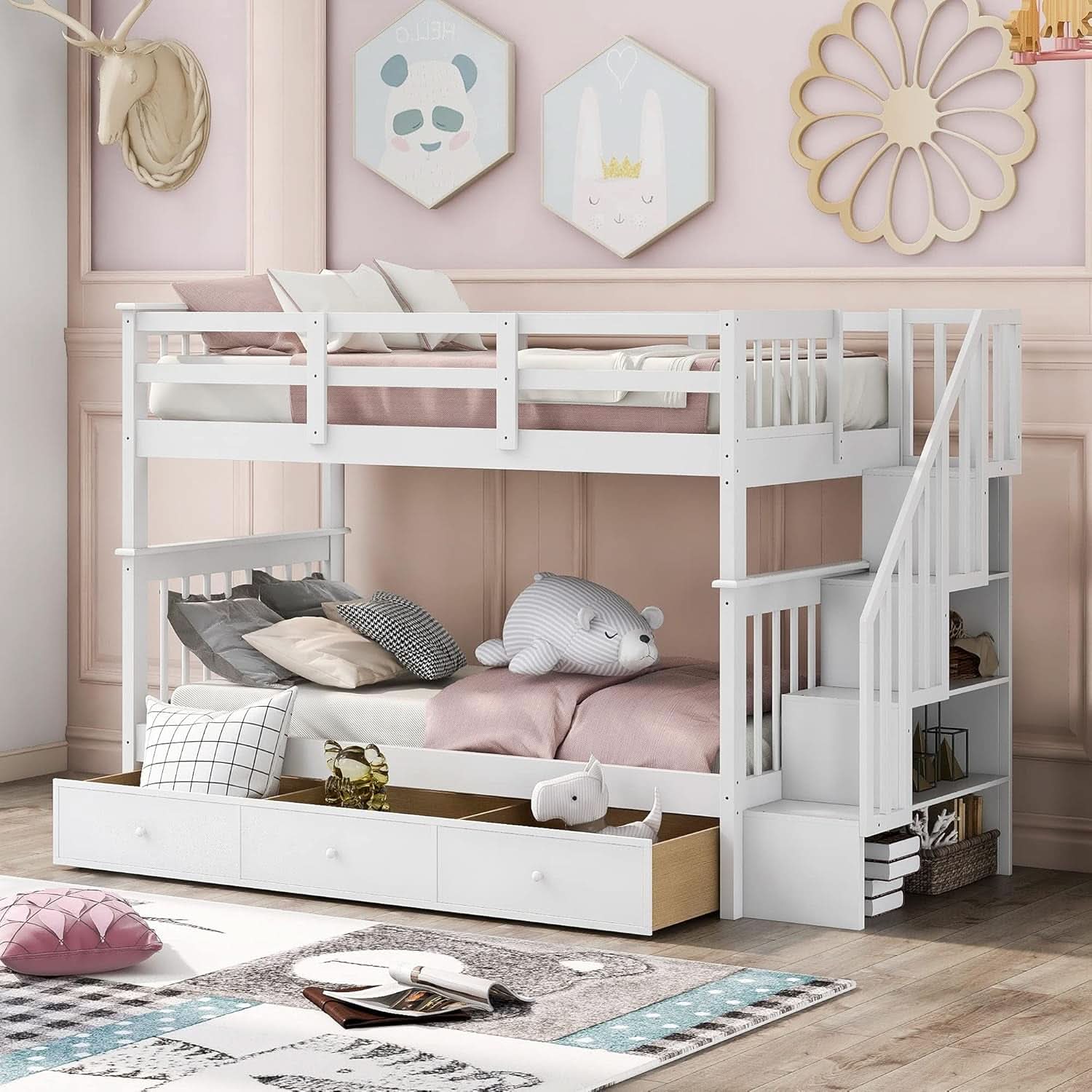 Twin Over Twin Bunk Bed With Stairs Guard Rail And Storage Drawers White