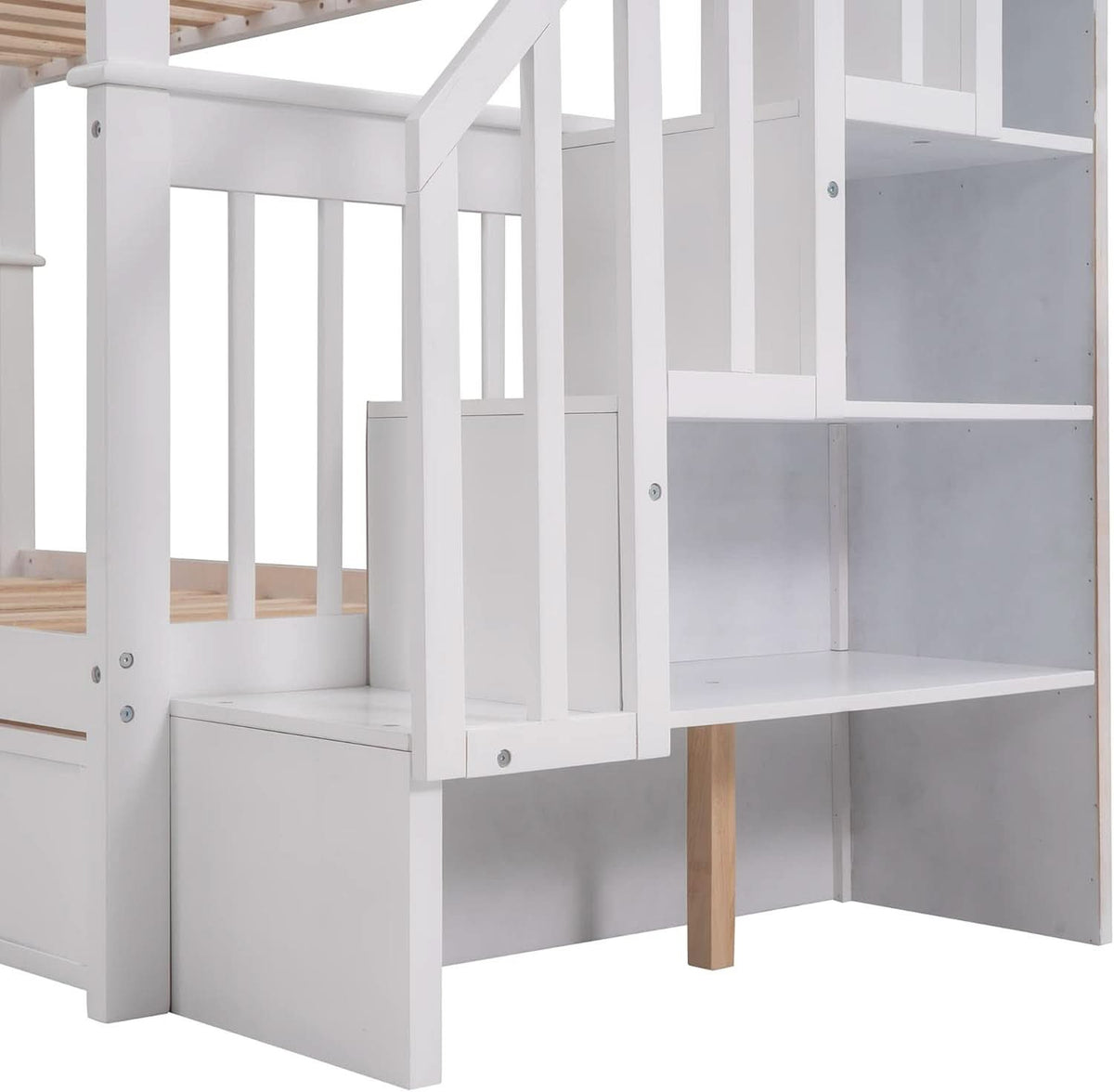Twin Over Twin Bunk Bed With Stairs Guard Rail And Storage Drawers White