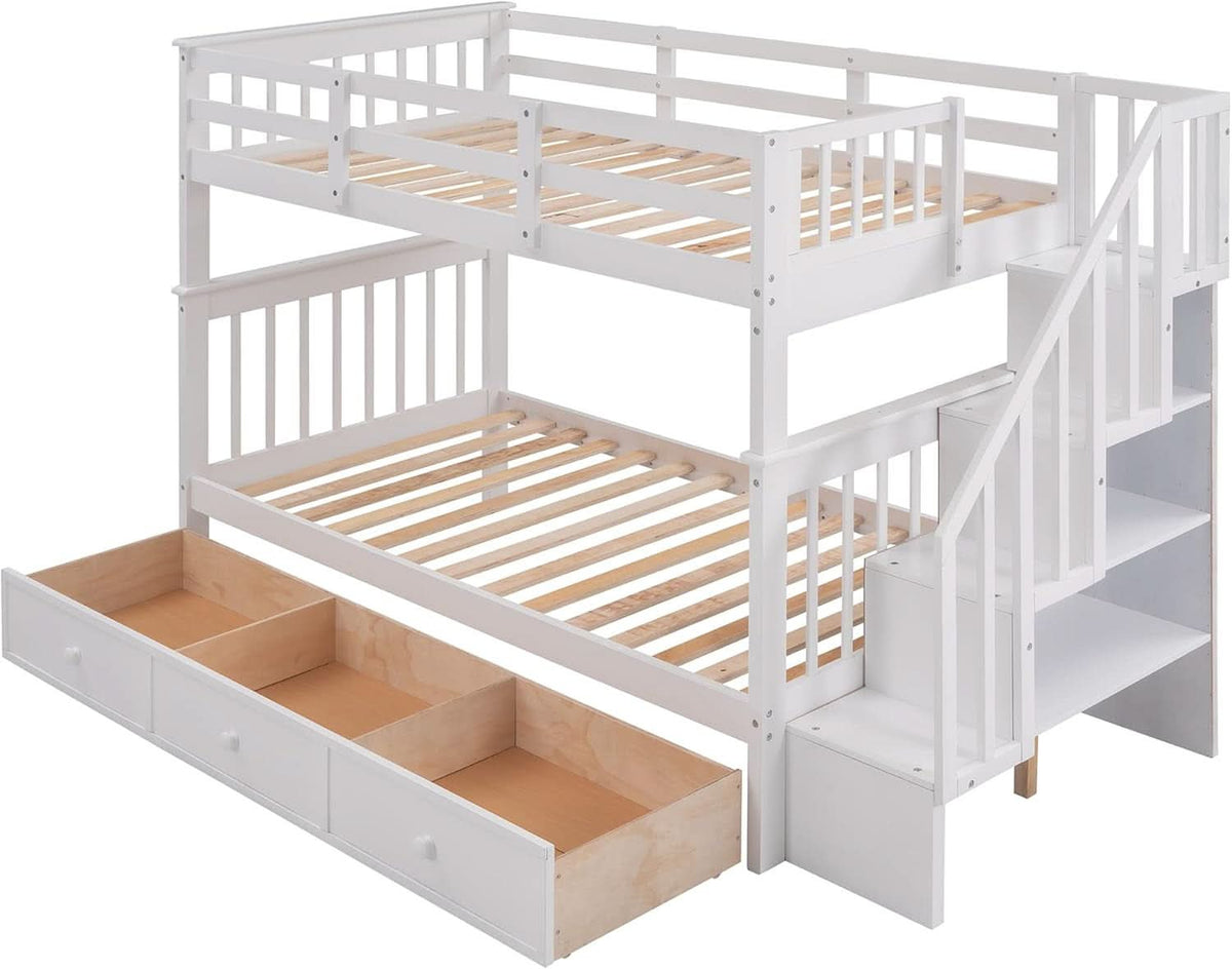 Twin Over Twin Bunk Bed With Stairs Guard Rail And Storage Drawers White