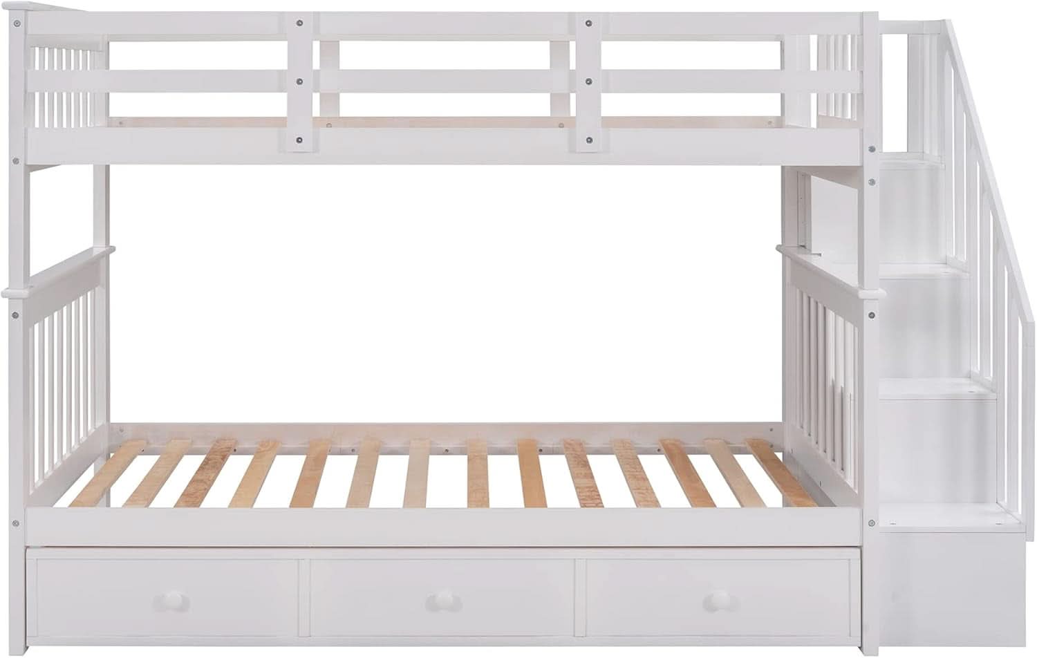 Twin Over Twin Bunk Bed With Stairs Guard Rail And Storage Drawers White