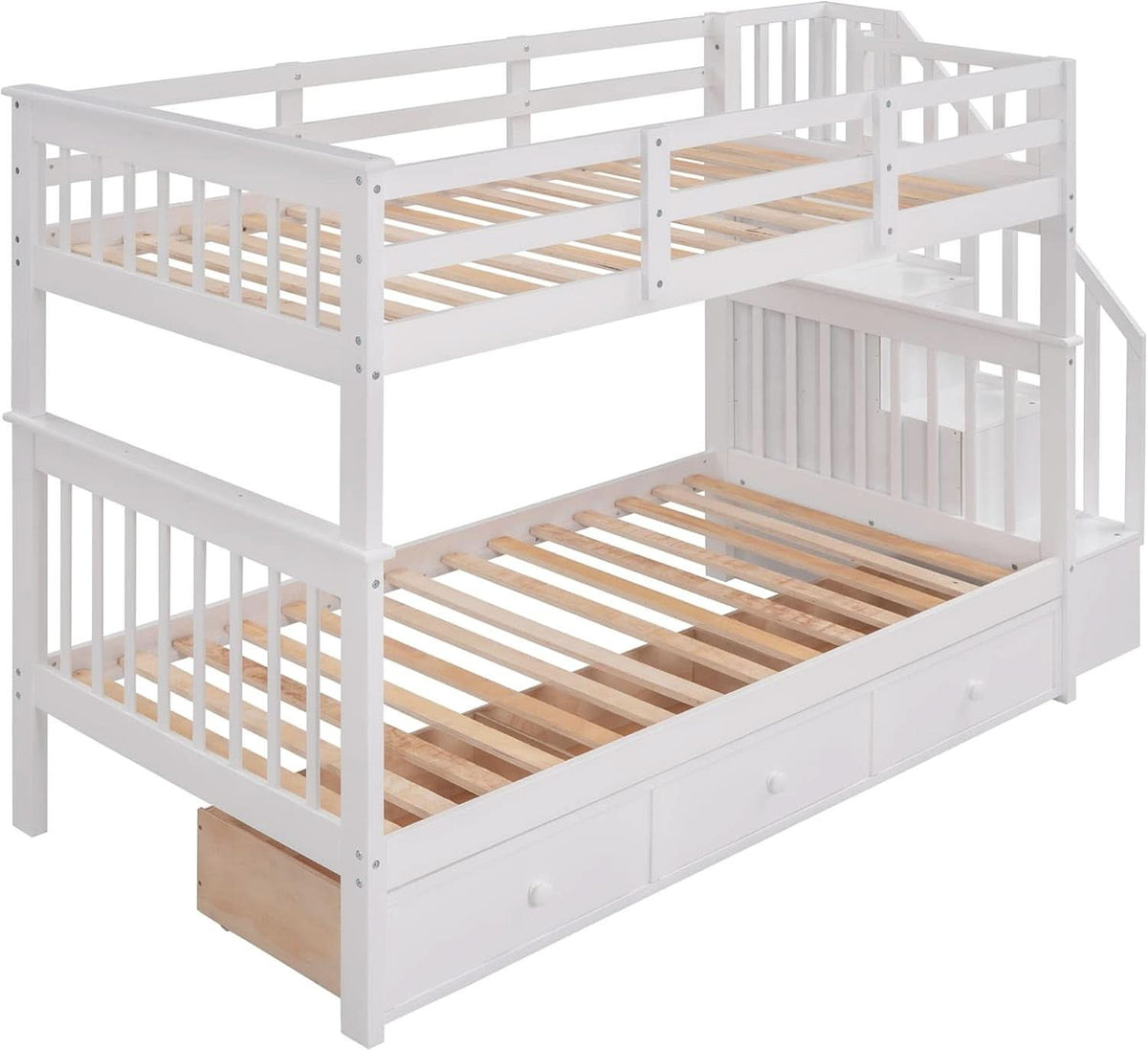 Twin Over Twin Bunk Bed With Stairs Guard Rail And Storage Drawers White