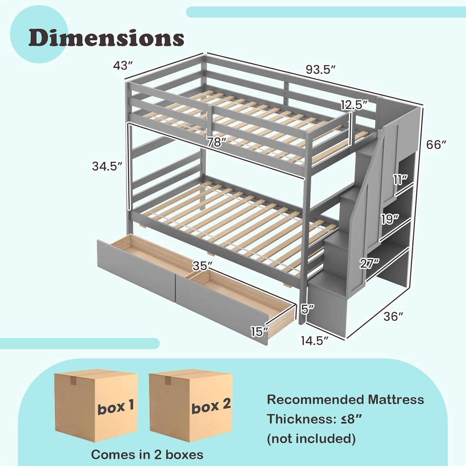 Twin Over Twin Bunk Bed With Storage Stairs Solid Wood Grey