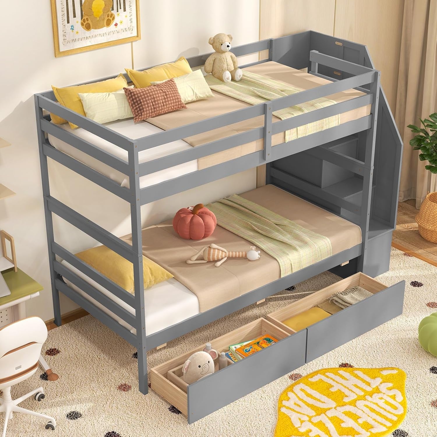 Twin Over Twin Bunk Bed With Storage Stairs Solid Wood Grey