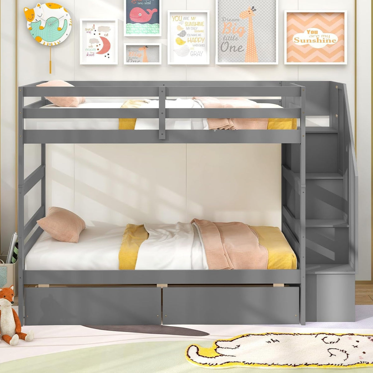 Twin Over Twin Bunk Bed With Storage Stairs Solid Wood Grey