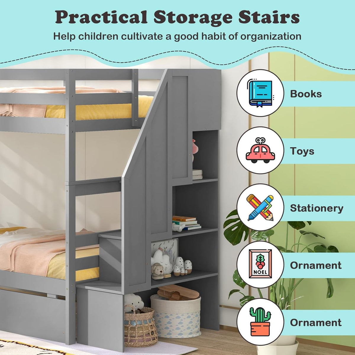Twin Over Twin Bunk Bed With Storage Stairs Solid Wood Grey