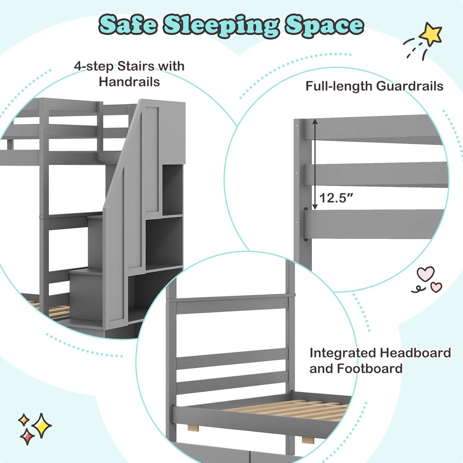 Twin Over Twin Bunk Bed With Storage Stairs Solid Wood Grey