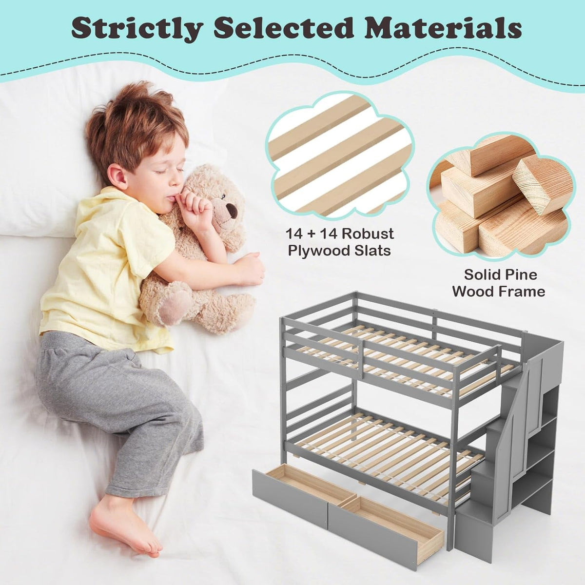 Twin Over Twin Bunk Bed With Storage Stairs Solid Wood Grey